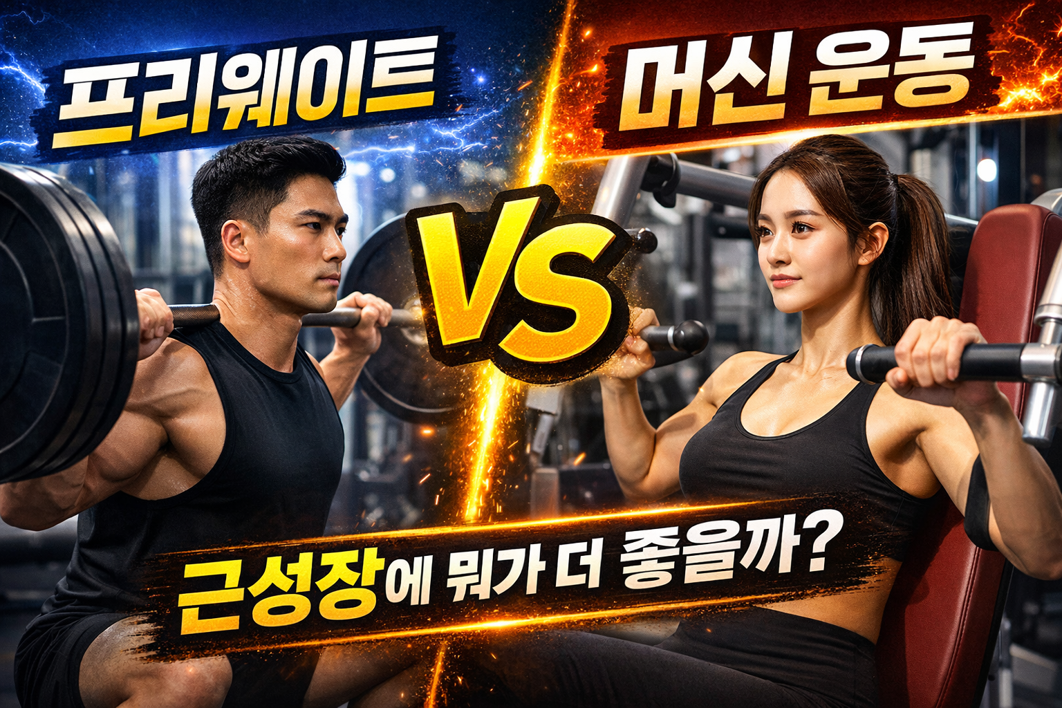 프리웨이트와 머신 운동을 대비해 보여주는 헬스장 썸네일 이미지, 바벨 운동과 머신 운동 장면을 함께 배치한 근성장 비교 콘셉트