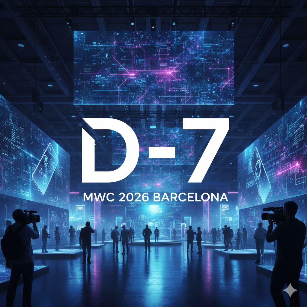 MWC 행사장 전경과 스마트 기기 속에서 빛나는 AI 신경망 이미지, D-7 카운트다운 숫자 표시