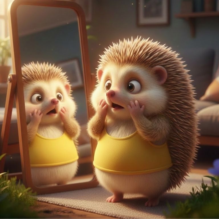 거울을 통해 입술이 돌아간 것을 보고 놀라는 도치씨 모습