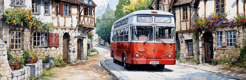 마을 한가운데를 지나는 버스 그림