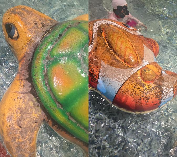 씨랄라 워터파크 내 설치된 거북이와 물고기 형태의 아이들 놀이 기구. 페인트가 벗겨지고 손상이 심각해 위생과 안전이 우려되는 상태다.