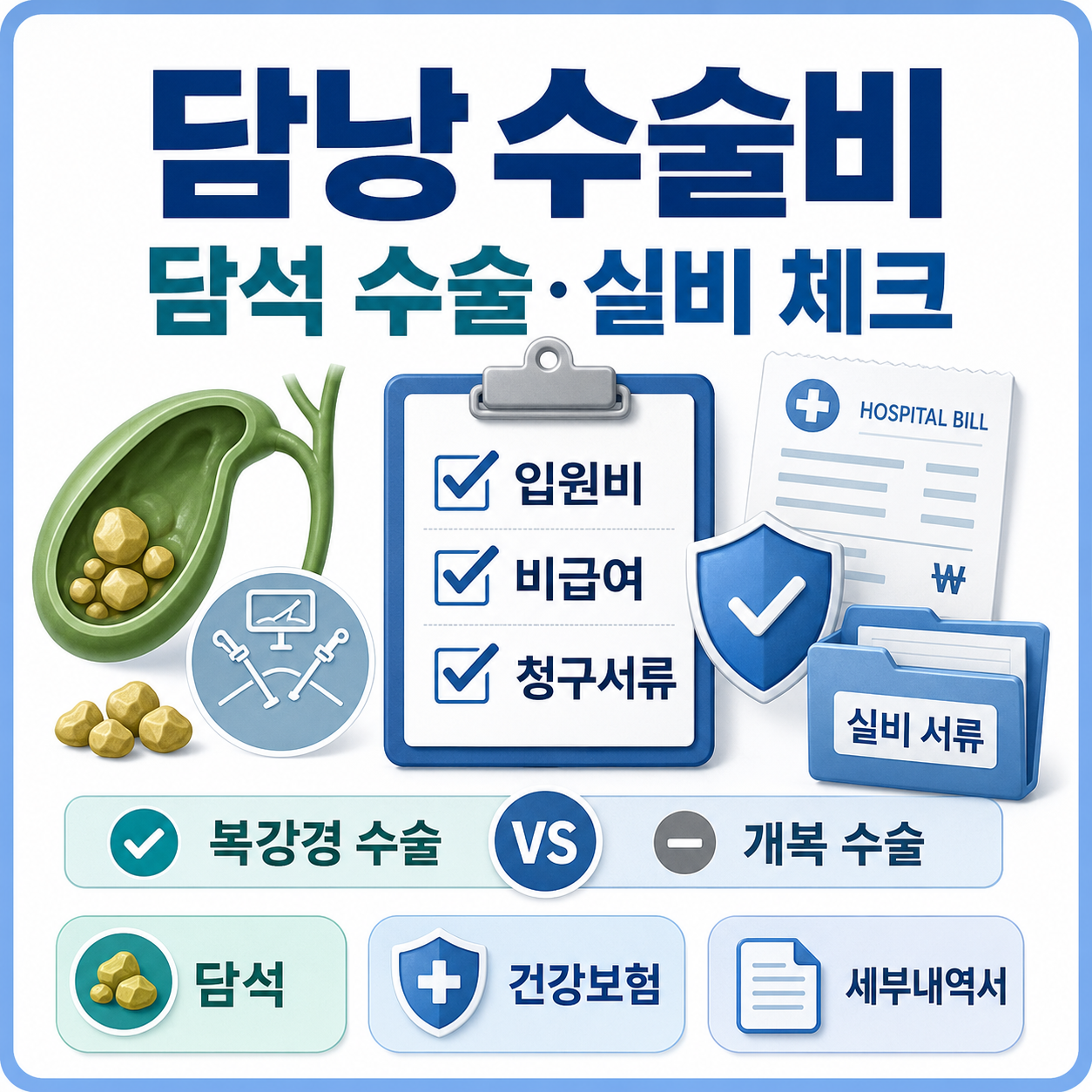 담낭 수술비와 담석 수술 전 입원비, 건강보험, 비급여, 실비 청구서류를 확인하는 카드형 대표 이미지