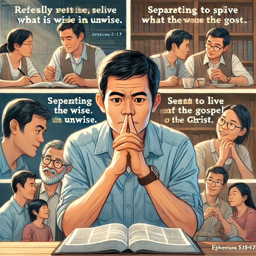 Here is the depiction of a man reflecting on Ephesians 5:15-17, discerning wisdom in his life and striving to live according to the Word and promises of God. The image also shows him gently sharing the gospel with his family, reflecting his dedication to spreading the message of Christ in every aspect of his life.
