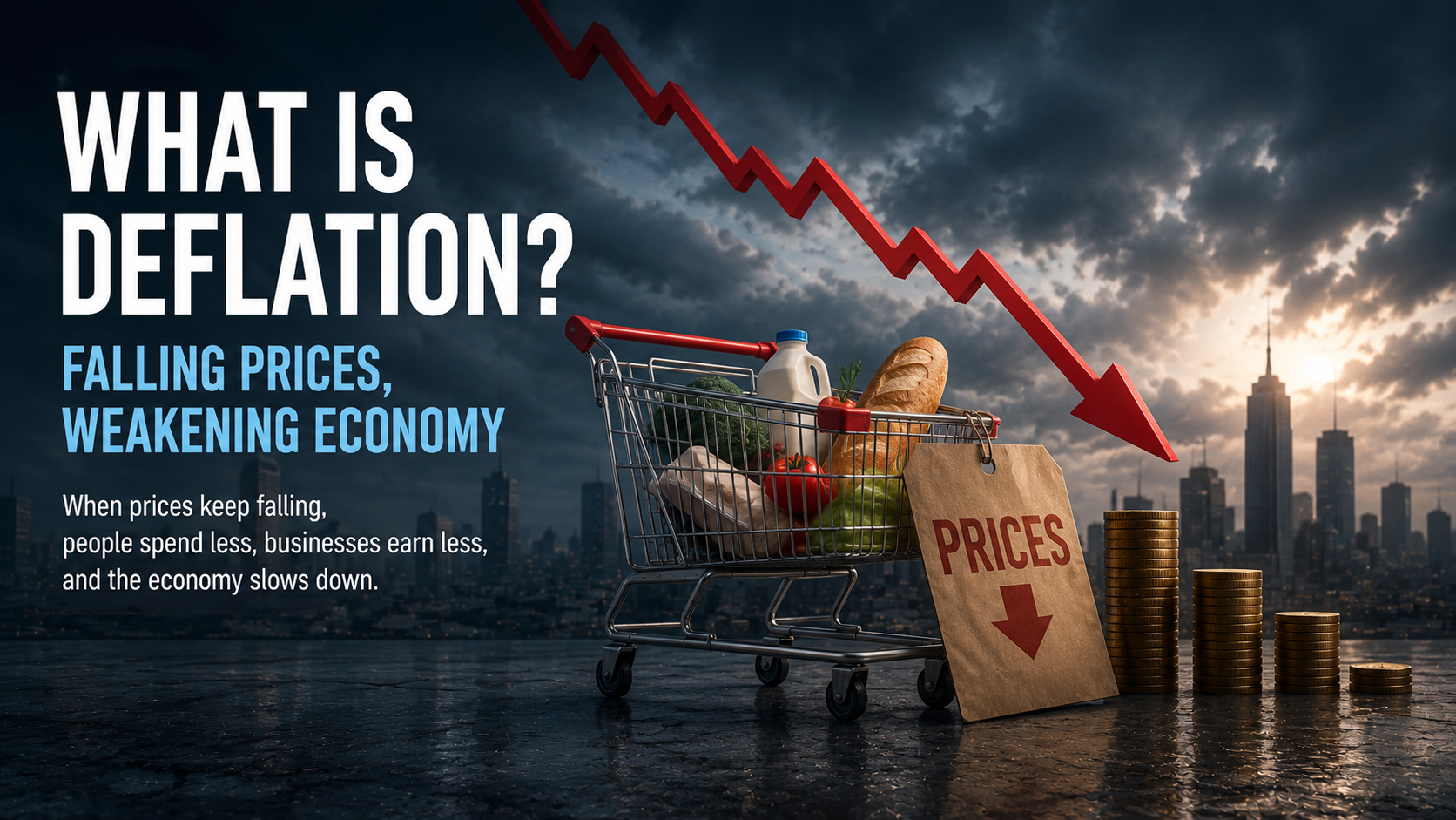 Deflation concept showing falling prices, declining consumer demand, a shopping cart with groceries, and a downward economic trend in a city environment.