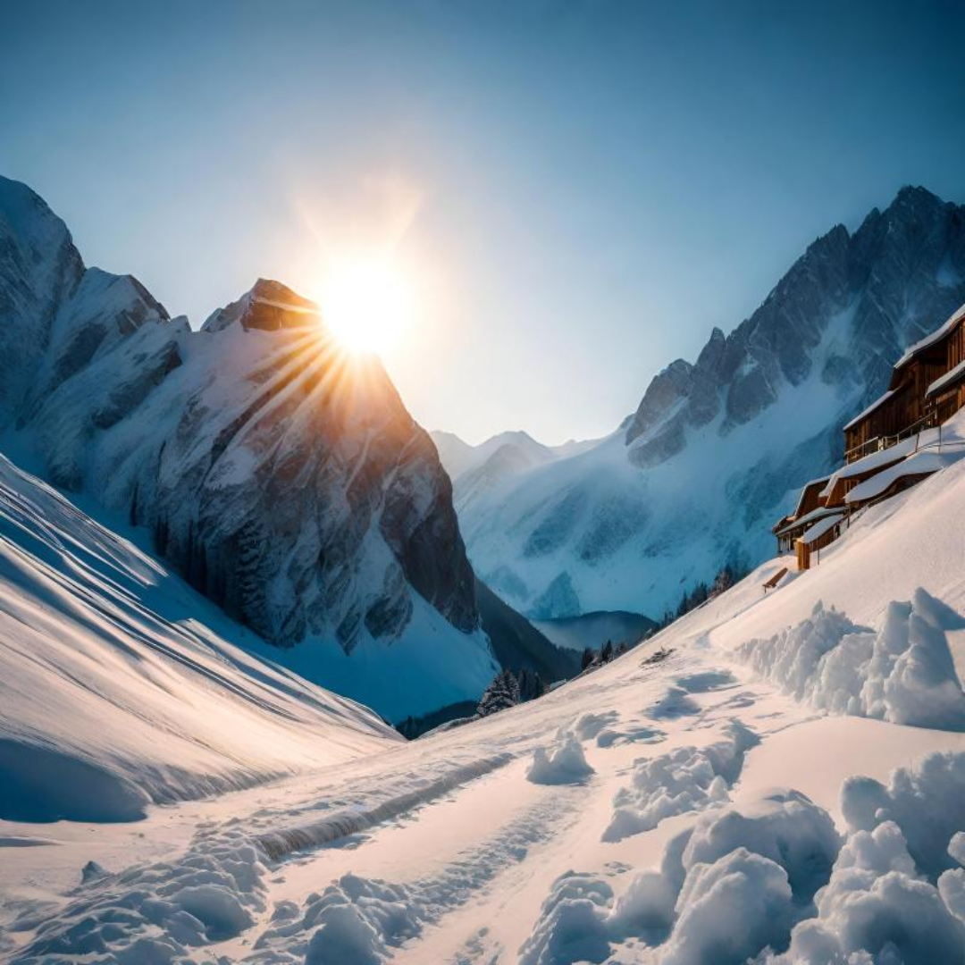 설산에서 해가 뜨고 있다.