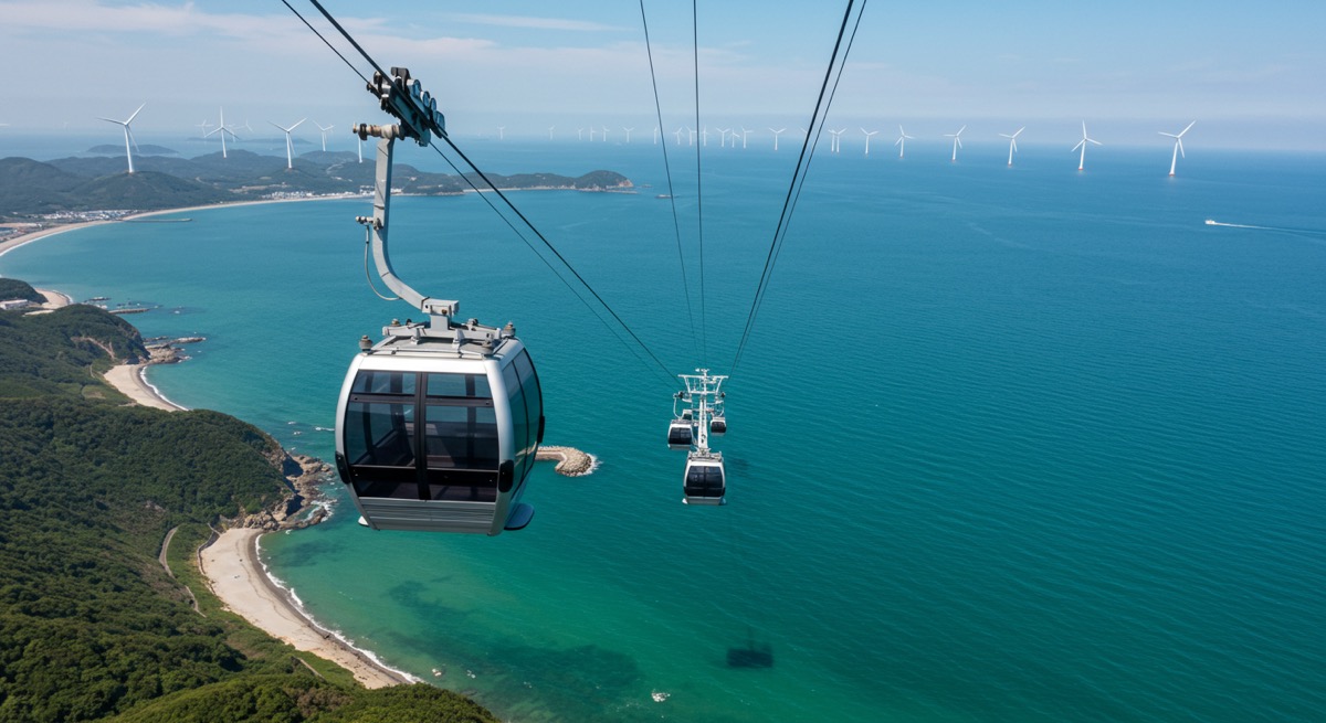 서해 바다 위를 가로지르는 서해랑 제부도 해상케이블카의 모습