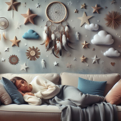 벽에 별과 달 장식이 있는 방에서 편안히 잠을 자는 사람.