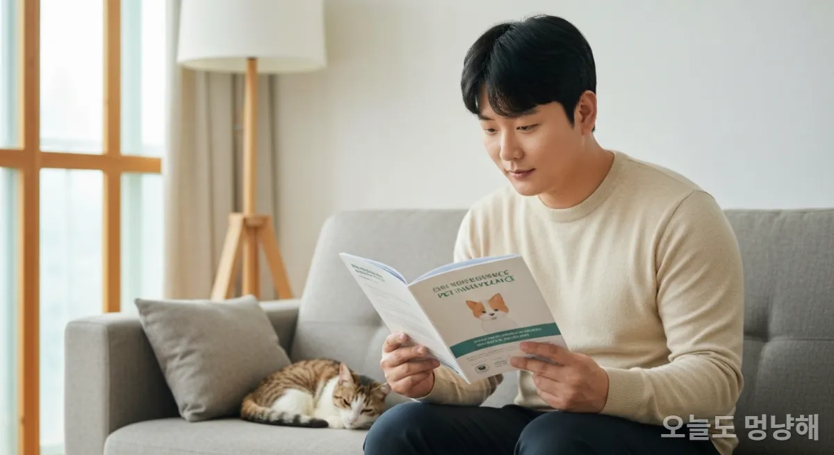 거실 소파에서 고양이와 함께 펫보험 안내 책자를 읽는 남성