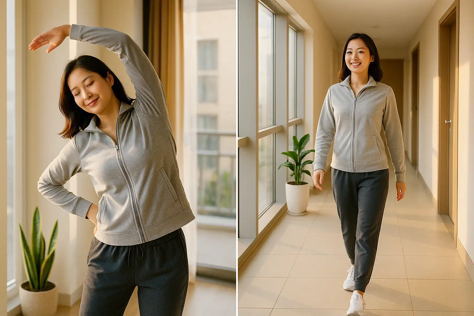 실내에서 가볍게 스트레칭하거나 복도를 걷는 사람, 아침 운동복 차림, 창문으로 빛이 들어오는 장면