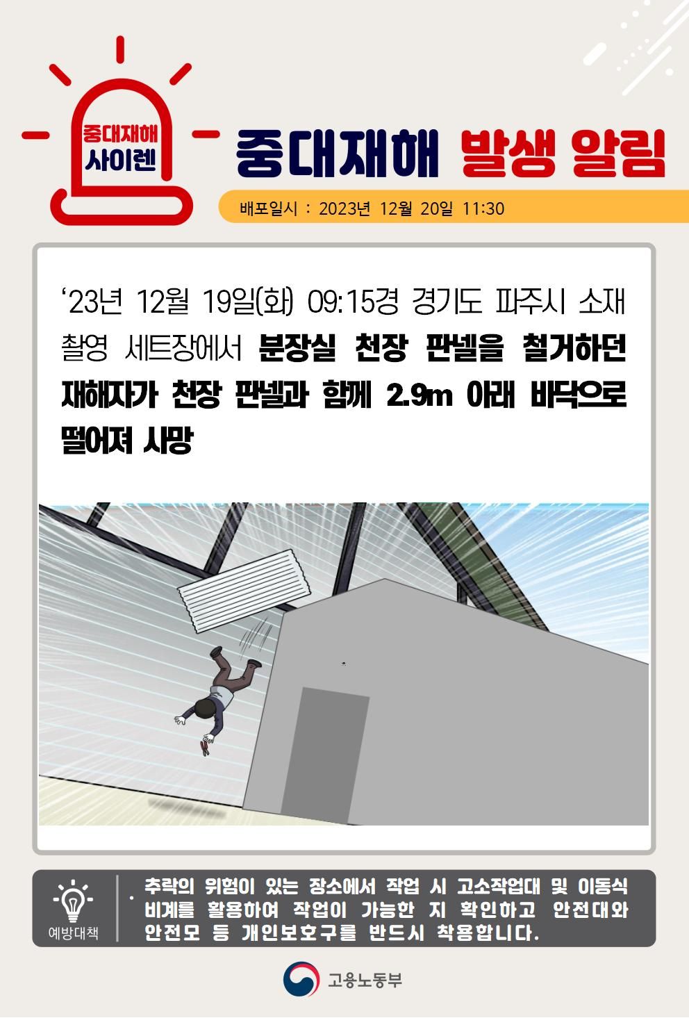 천장판넬 철거 중 판넬과 함께 바닥으로 떨어짐(2.9m)