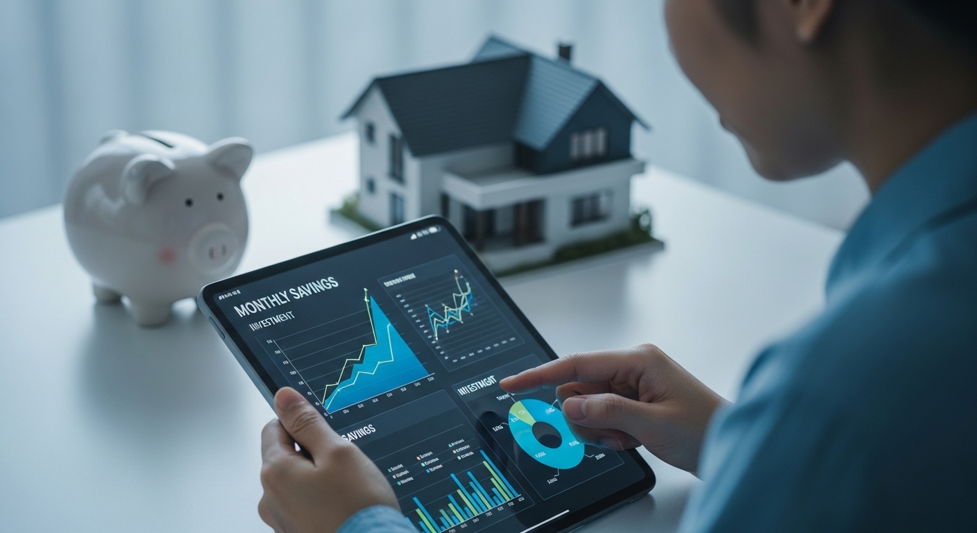 태블릿으로 월별 저축 및 투자 포트폴리오를 관리하는 사람, 재정적 성장을 나타내며 내 집 마련 계획을 상징합니다.