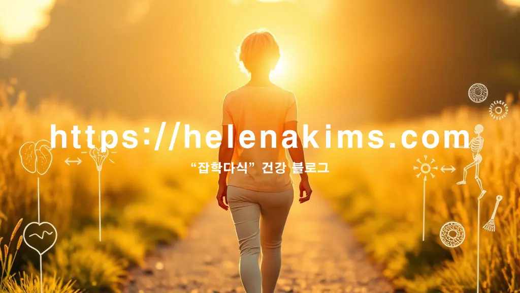 햇빛이 비추는 길을 걷는 활기찬 중년 여성의 뒷모습. 길가에는 심장, 뇌, 뼈, 세포 등 중년 주요 질병을 상징하는 아이콘들이 어렴풋이 보인다.