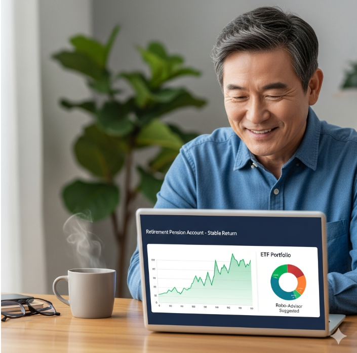 은퇴 준비를 하는 50대 남성이 노트북 화면을 보며 웃고 있다. 화면에는 퇴직연금 계좌의 안정적인 수익률 그래프와 함께 로보어드바이저가 제안하는 ETF 포트폴리오가 보인다.