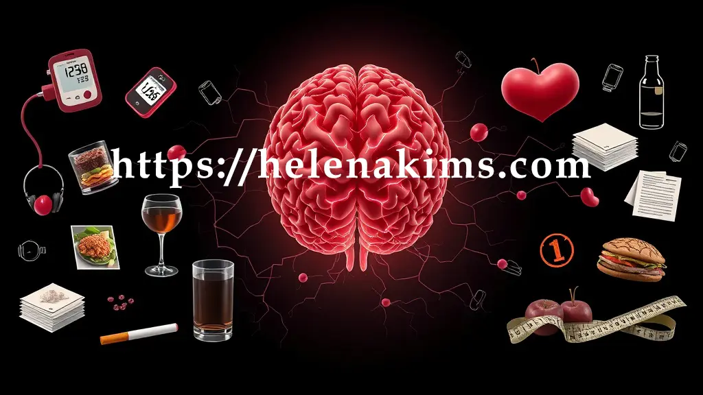 뇌의 복잡한 혈관망 일러스트가 어두운 배경에 떠 있고, 이 혈관망을 중심으로 고혈압을 상징하는 혈압계, 당뇨병을 나타내는 혈당 측정기, 고지혈증을 의미하는 기름진 음식 이미지가 아이콘 형태로 있는 이미지.