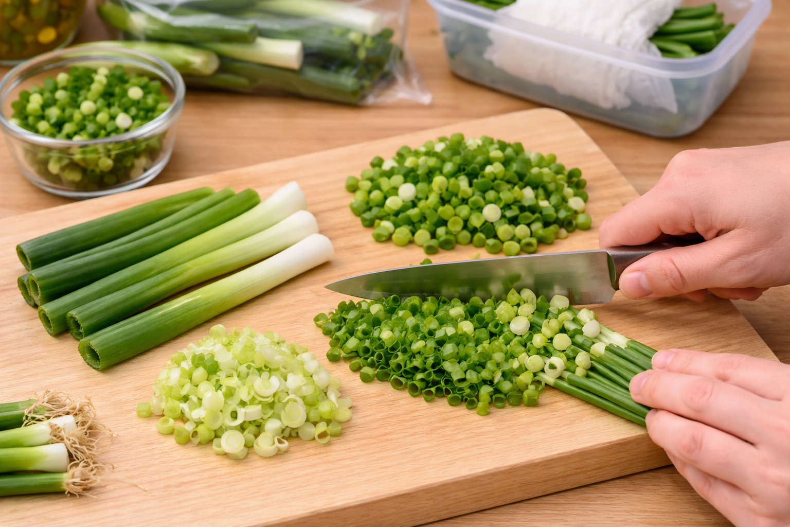 대파를 손질하며 흰 부분과 초록 부분을 나누는 모습