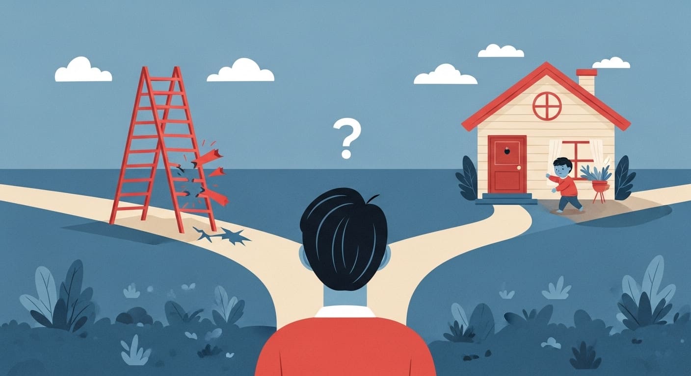 육아휴직으로 인한 경력 단절 우려를 표현한 그림. 직장과 가정을 상징하는 갈림길에서 고민하는 부모의 모습.