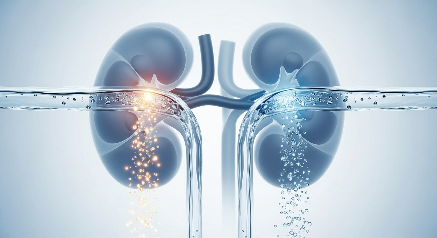 인체의 핵심 여과 기관인 신장이 혈액을 정화하고 노폐물을 제거하는 과정을 보여주는 개념적 이미지