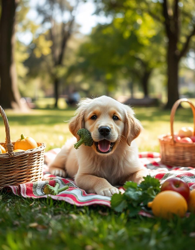 관절염이 있는 강아지가 관절염에 좋은 브로콜리를 먹고 있는 모습