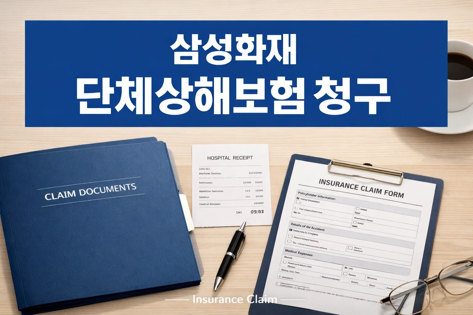 삼성화재 단체 상해보험 청구 전 필요한 서류와 영수증, 사고 관련 문서를 한눈에 확인할 수 있게 정리한 이미지