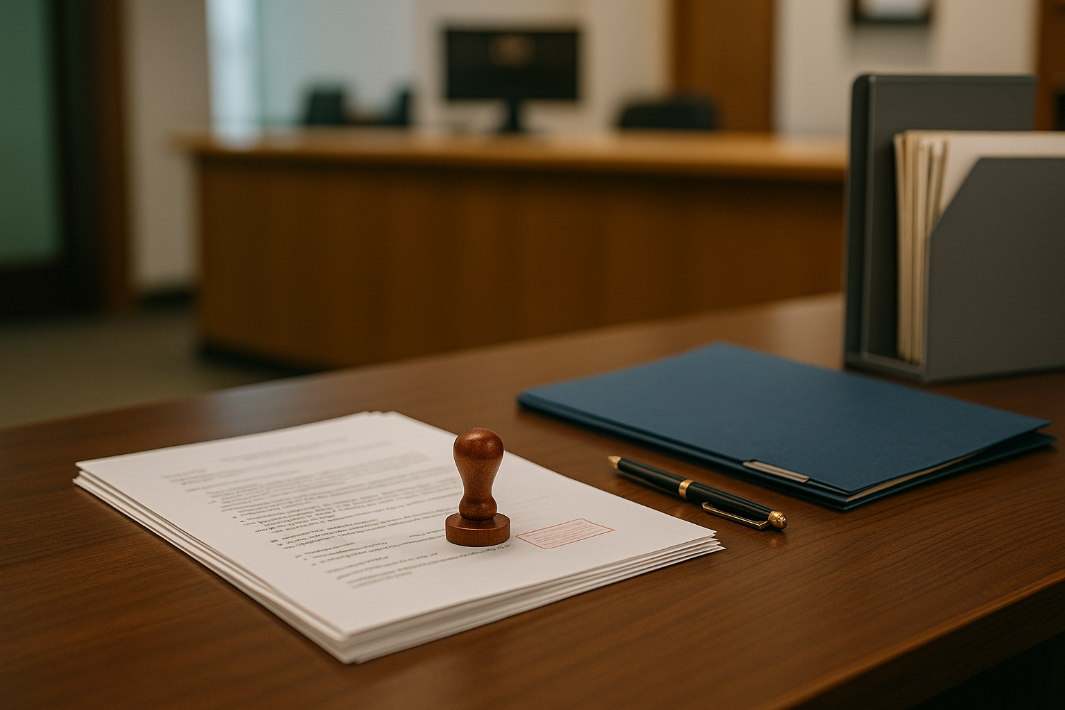 법원 접수창구 책상 위에 개명 신청 관련 서류와 도장, 서류철, 펜이 정돈되어 있는 고급스럽고 차분한 분위기의 실제 사진 느낌.