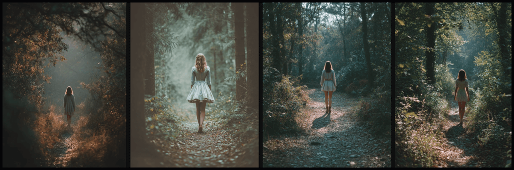 프롬프트 예시 1 숲을 걷는 소녀 Midjourney