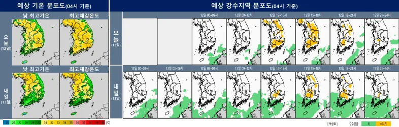 예상 기온 분포도 및 예상 강수지역 분포도