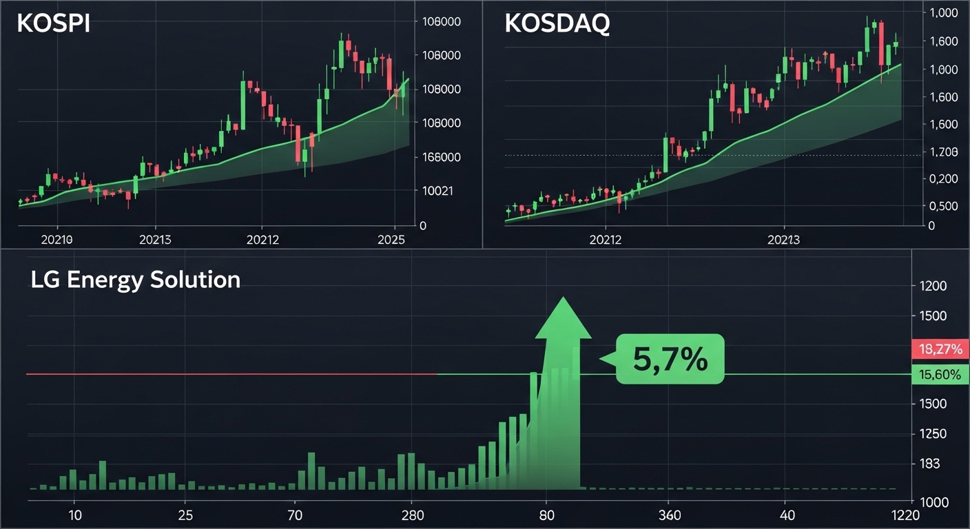 KOSPI and KOSDAQ index charts rising together. LG Energy Solution candlestick with 5.7% label.