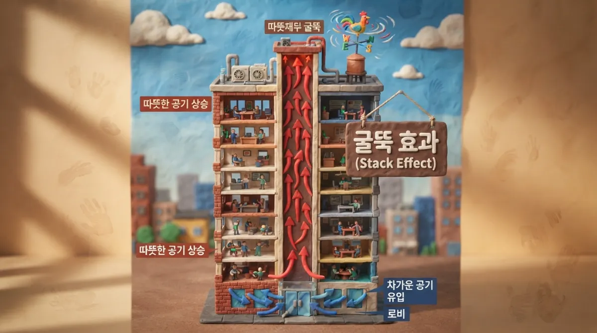 아드만 클레이 스톱모션 인포그래픽 스타일로 표현한, 빌딩 내부와 외부의 온도 차이로 인해 공기가 수직으로 솟구치는 굴뚝 효과의 단면도와 기압 차 화살표 모식도