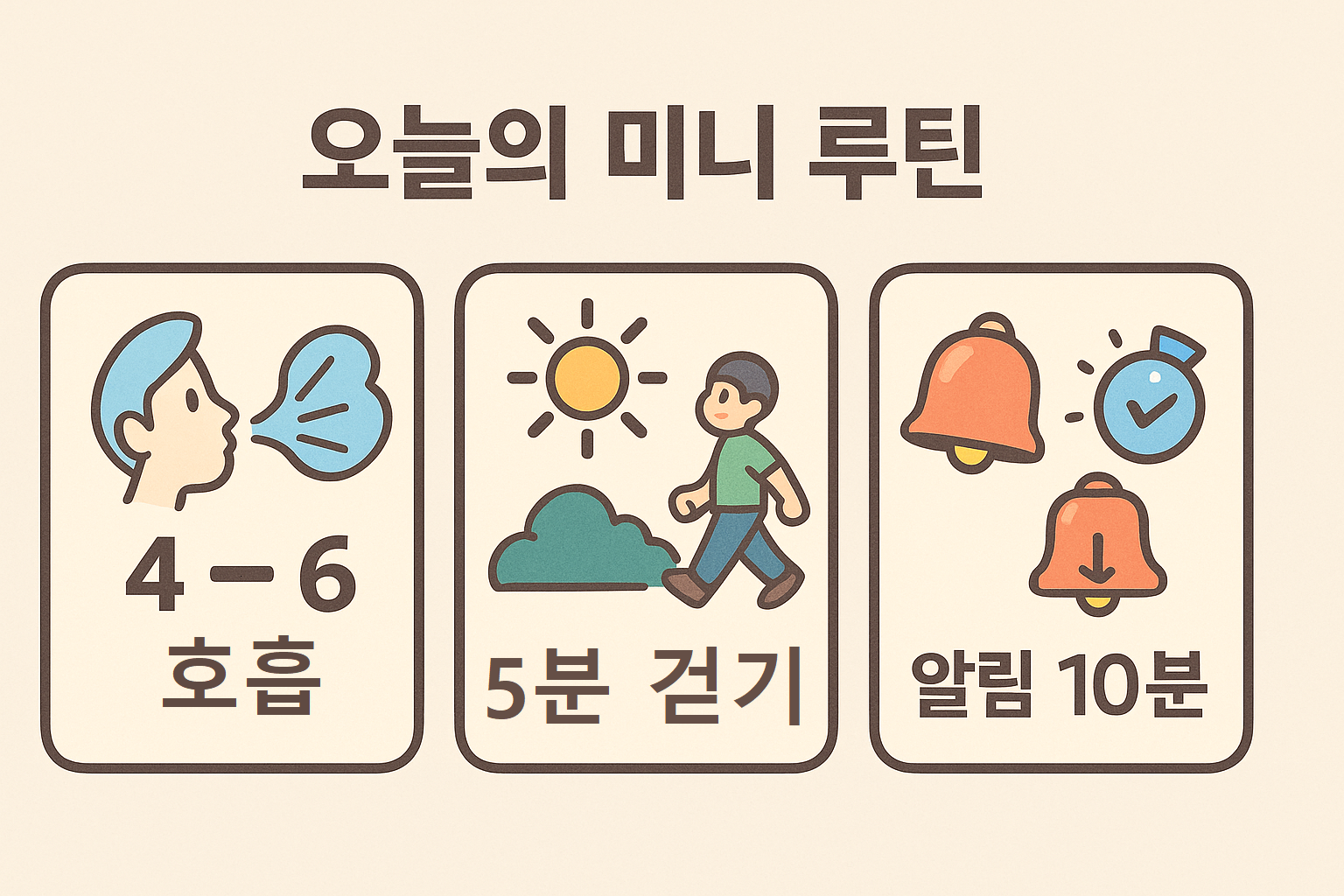 번아웃 회복 미니 루틴(4초 들숨-6초 날숨, 햇빛 5분 걷기, 알림 10분)
