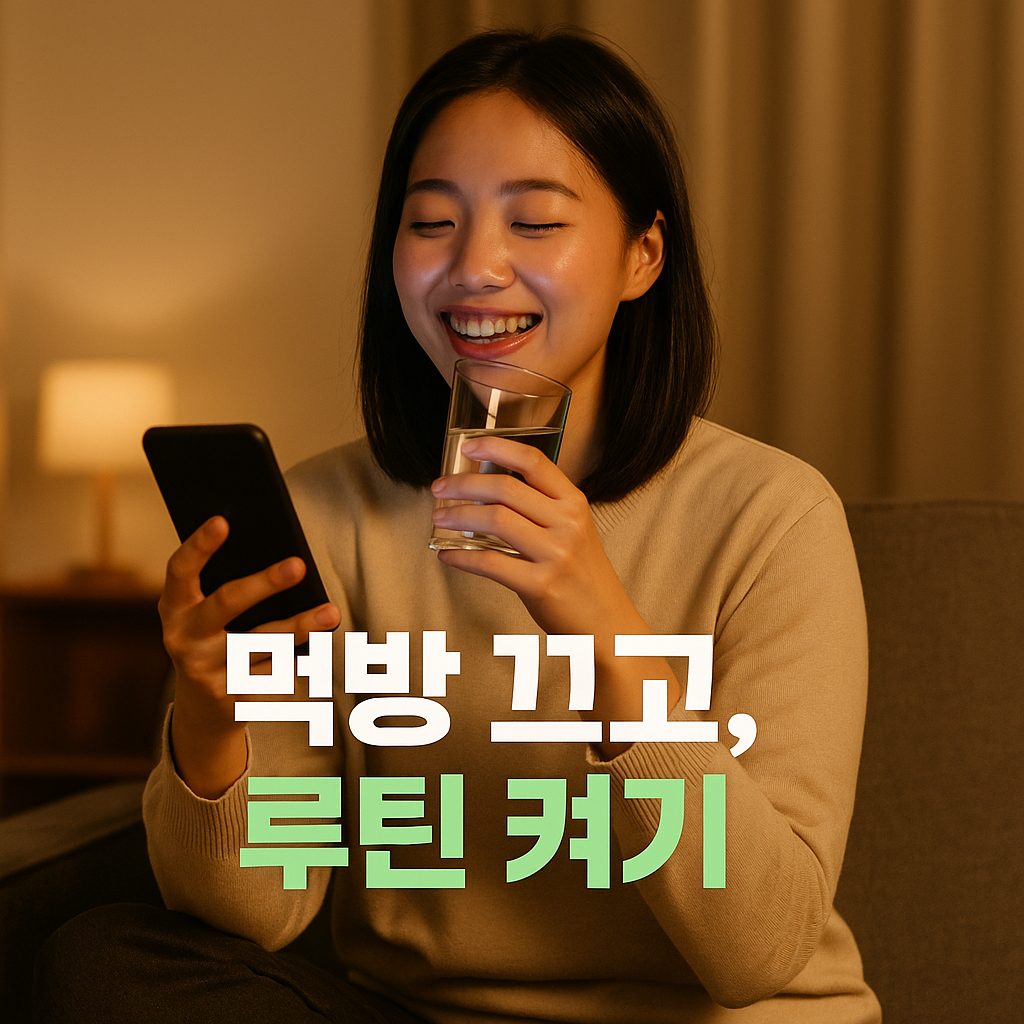 스마트폰에서 먹방을 끄며 물을 마시는 여성