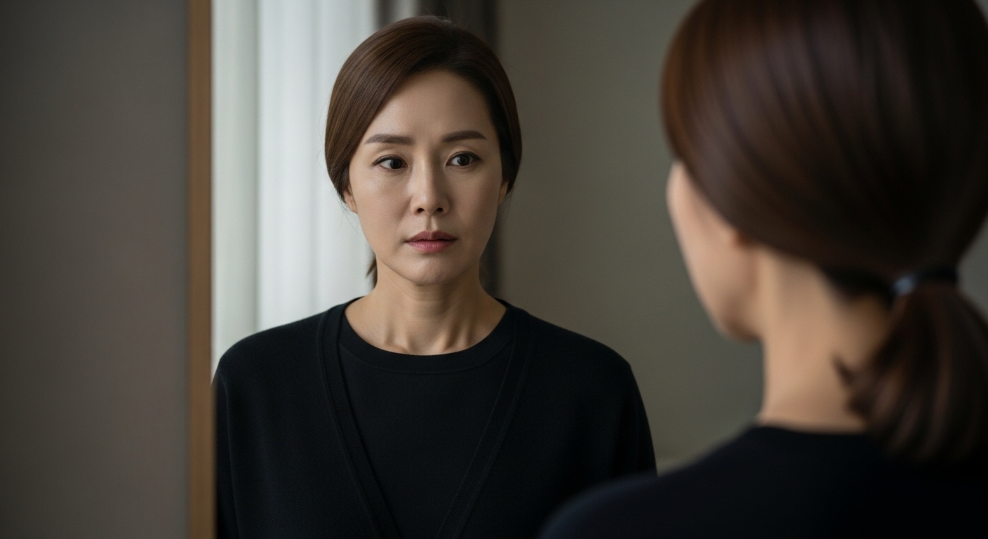 무채색 옷을 입고 칙칙한 표정으로 거울을 보고 있다