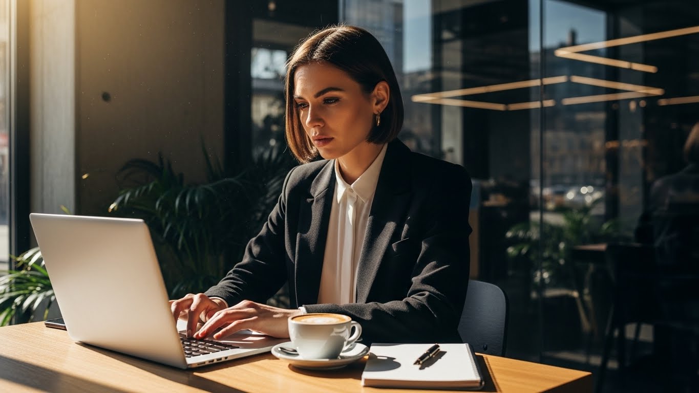 햇살 가득한 카페에서 혁신적인 비즈니스 모델을 구상 중인 창업자의 활기찬 모습