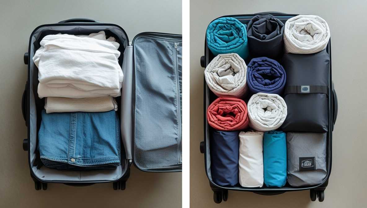왼쪽: 정리되지 않은 채로 접힌 옷을 그냥 쌓아놓은 모습 (캐리어나 가방 안).
오른쪽: 같은 양의 옷을 레인저 롤로 말아서 패킹 큐브에 깔끔하게 정리한 모습.
상단에서 내려다보는 구도, 실제적인 조명, 깔끔하고 여행 준비 느낌