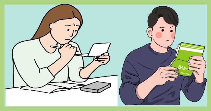 “급여명세서를 보며 궁금해하는 여성과 통장을 확인하는 남성 일러스트”