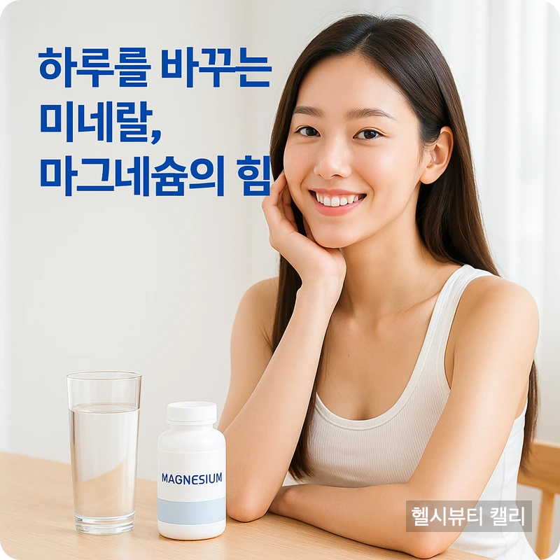 마그네슘 보틀과 물컵이 놓인 탁자 앞에서 밝게 웃고 있는 건강한 20대 여성