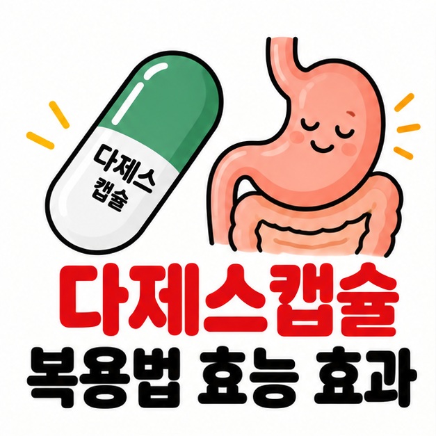 투명 캡슐과 소화기관 아이콘 옆에 다제스캡슐 복용법 효능 효과 문구를 크게 보여주는 대표 카드