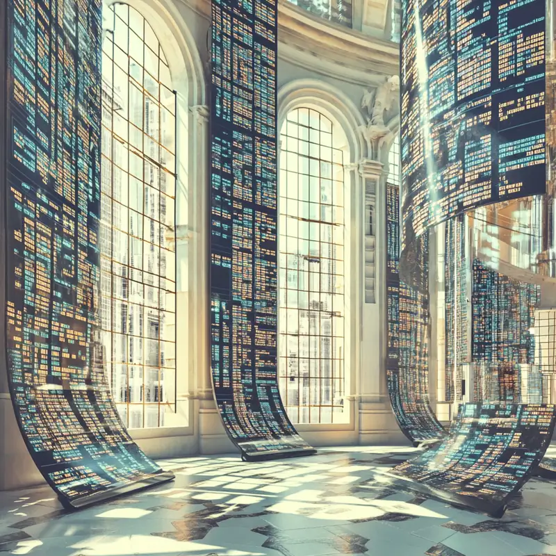 미래 지향적인 주식 시장에서 AI 관련 주식 가치가 디지털로 표시되는 역동적 변화의 순간. 기술과 혁신의 박동이 느껴지는 금융 중심지의 모습을 담다.