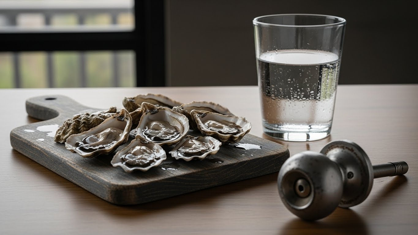 테이블-위에-생굴,-물잔,-도마,-문-손잡이-등-네-가지-상징적인-물건이-놓인-사진입니다.