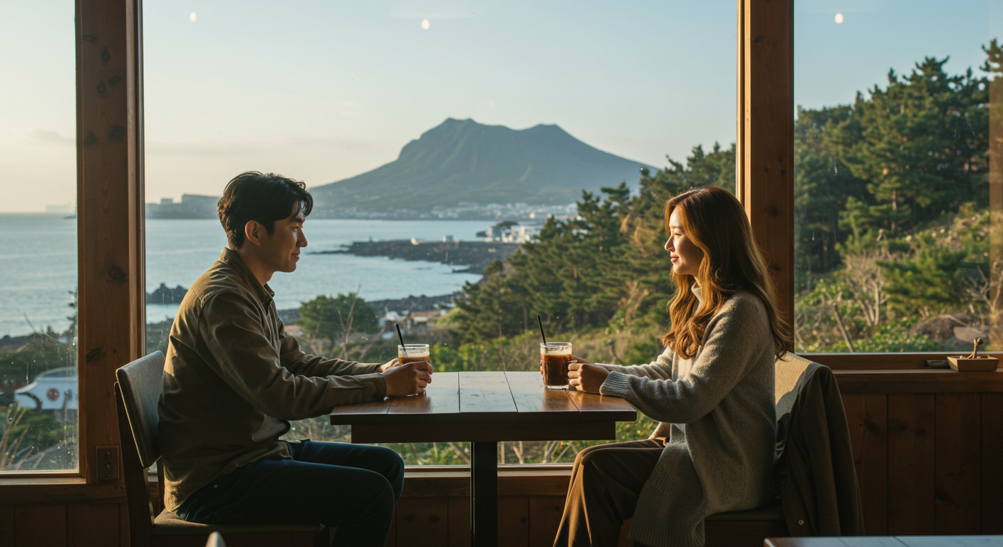 제주 바다, 숲, 오름 뷰가 한눈에 보이는 감성 카페에서 여유롭게 휴식하는 커플.