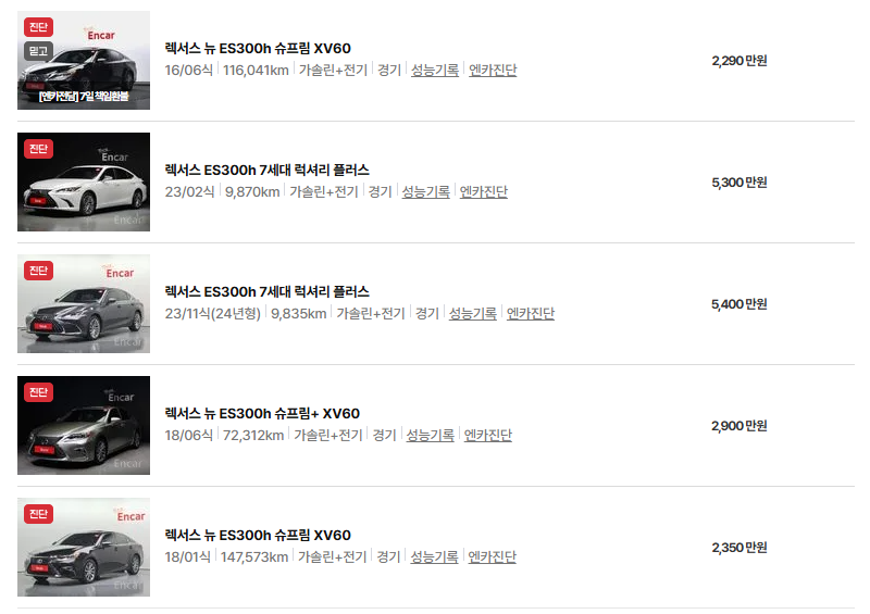 렉서스 ES300h 중고차 가격 시세표 연비