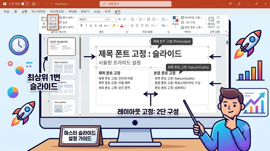 파워포인트 슬라이드 마스터 편집 창에서 최상위 마스터 슬라이드를 설정하는 화면
