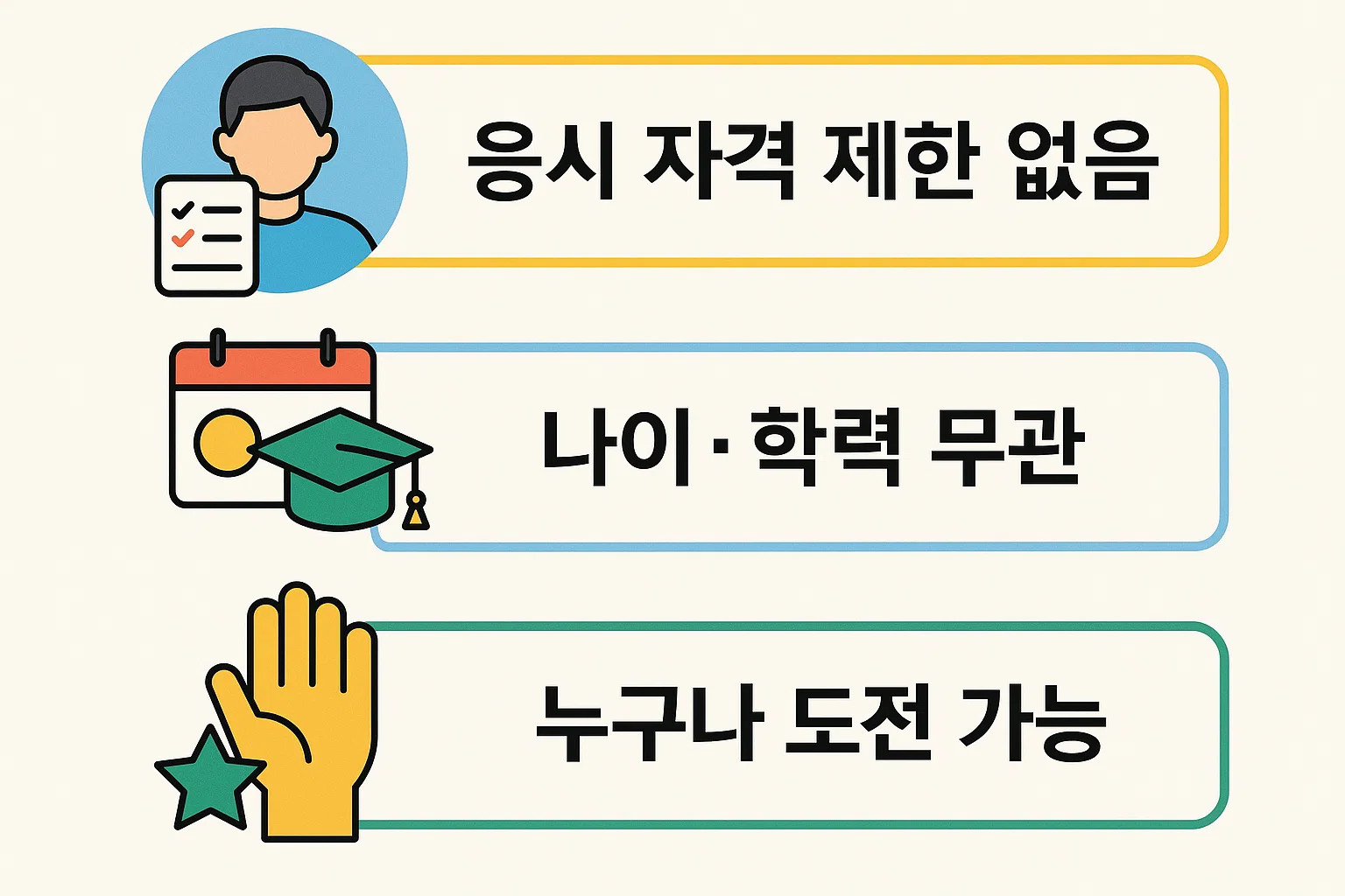 응시자격 제한 없음, 나이·학력 무관, 누구나 도전 가능 등 지게차운전기능사 시험 응시 조건을 한눈에 보여주는 인포그래픽. 초보자도 쉽게 이해할 수 있는 도전 가이드 이미지.