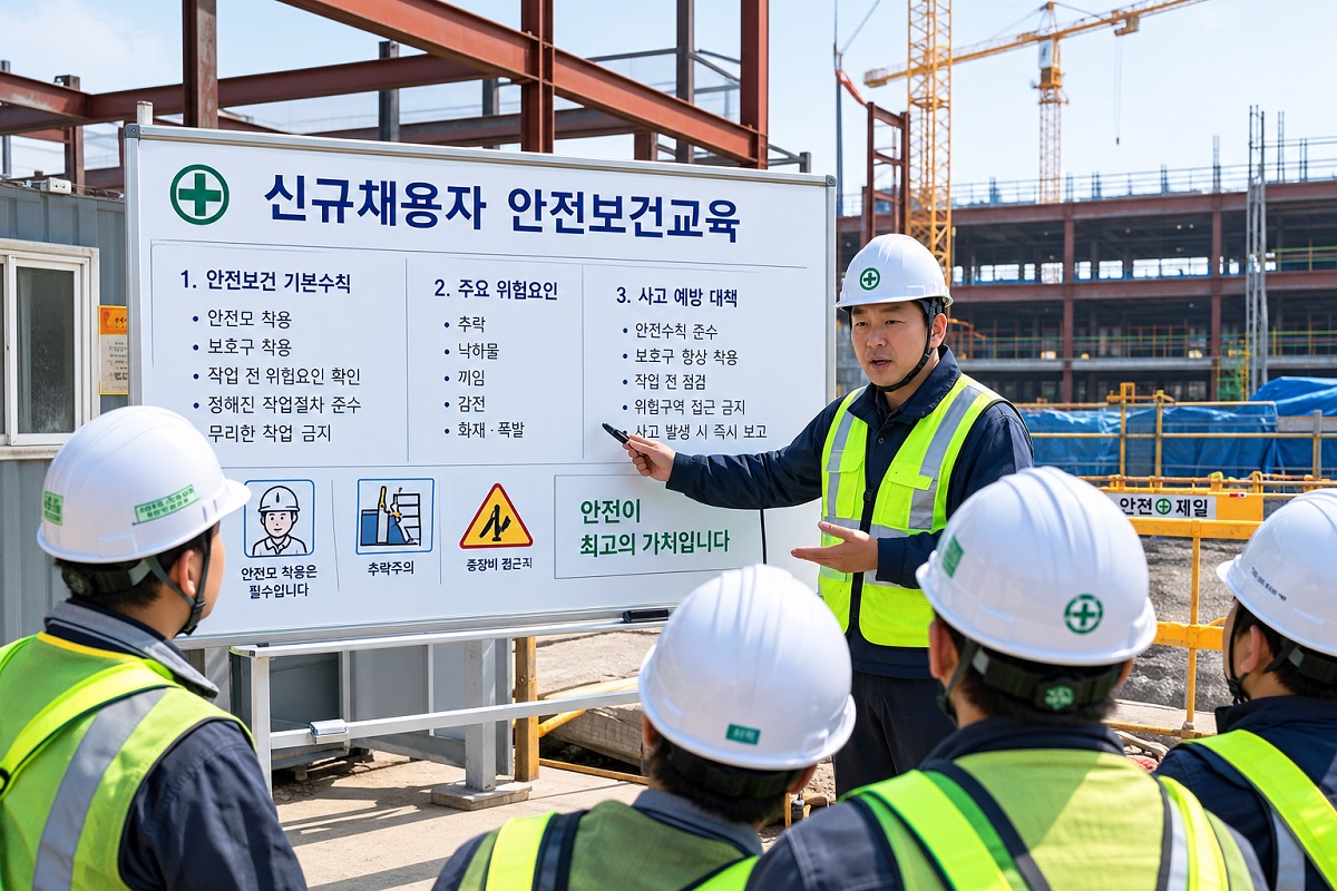 건설현장 안전관리자가 신규 채용 근로자에게 안전보건교육을 진행하는 모습