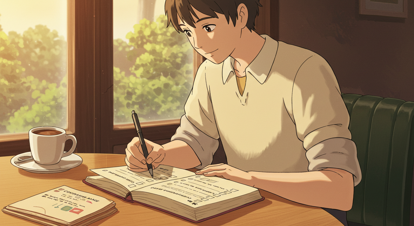 보험 가입 전 체크리스트를 작성하는 인물