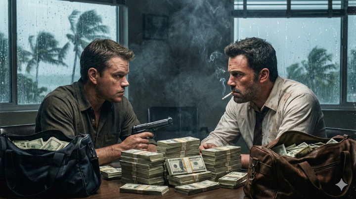 비 내리는 마이애미, 2천만 달러의 돈다발 앞에서 서로를 의심스럽게 쳐다보는 맷 데이먼과 벤 애플렉의 긴장감 넘치는 스틸컷