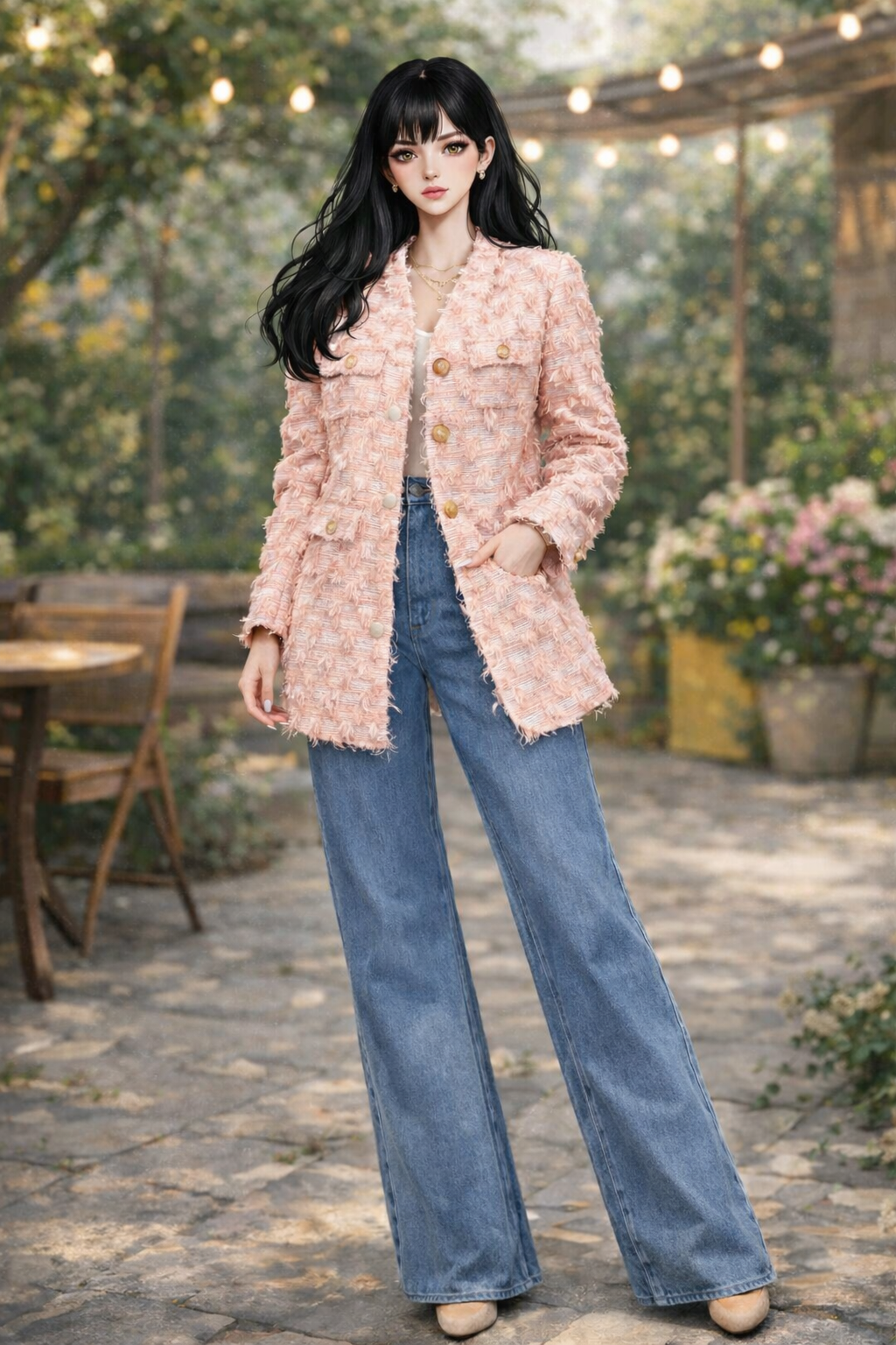 peach coral textured jacket with jeans outfit semi formal chic casual wedding guest style women
