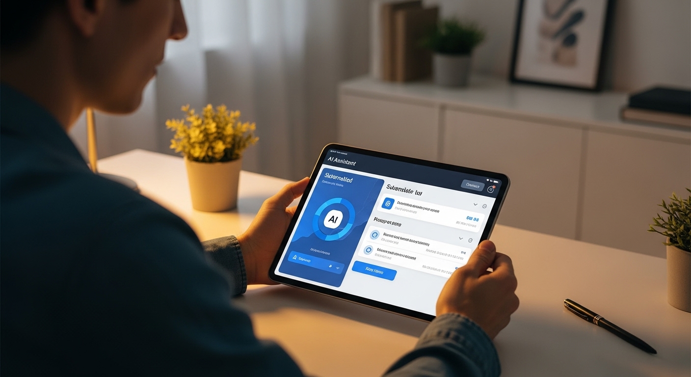 태블릿 화면의 AI 비서가 업무 자동화를 돕는 모습. 현대적인 사무실에서 한 사람이 집중하여 일하고 있다.