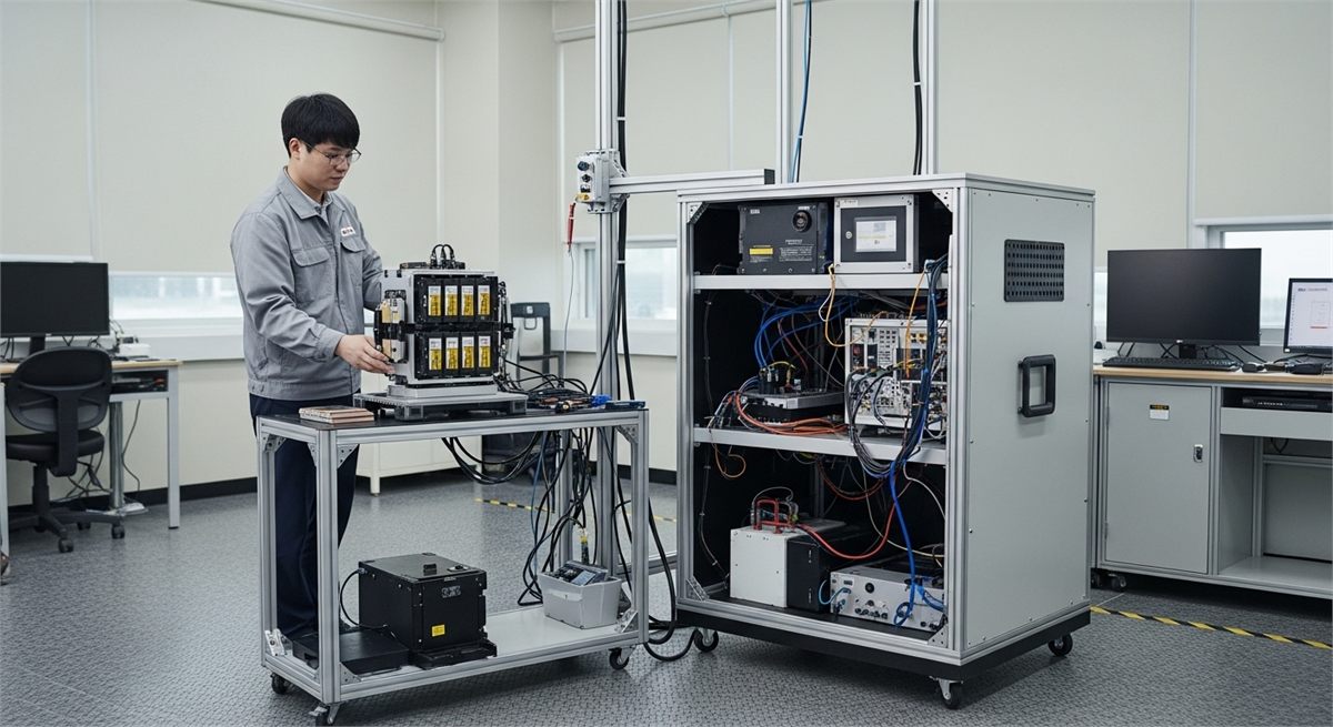 연구원이 전고체 파우치 셀을 장갑을 끼고 확인하는 모습 