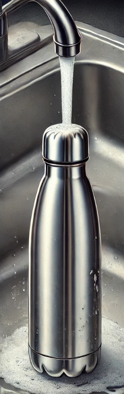 수도에서 나오는 물 이 보온병을 씻겨내려가고 있는 모습