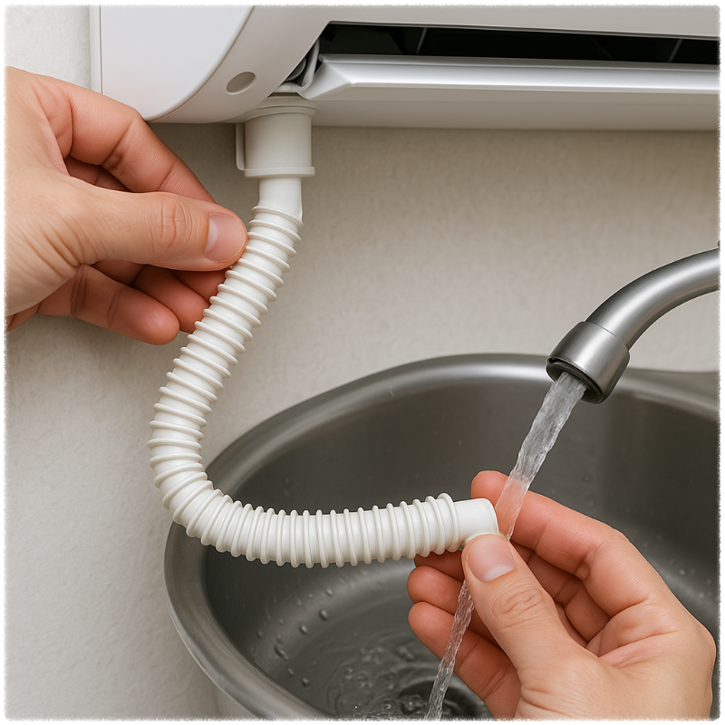 드레인 호스를 해체하여 세척하는 장면